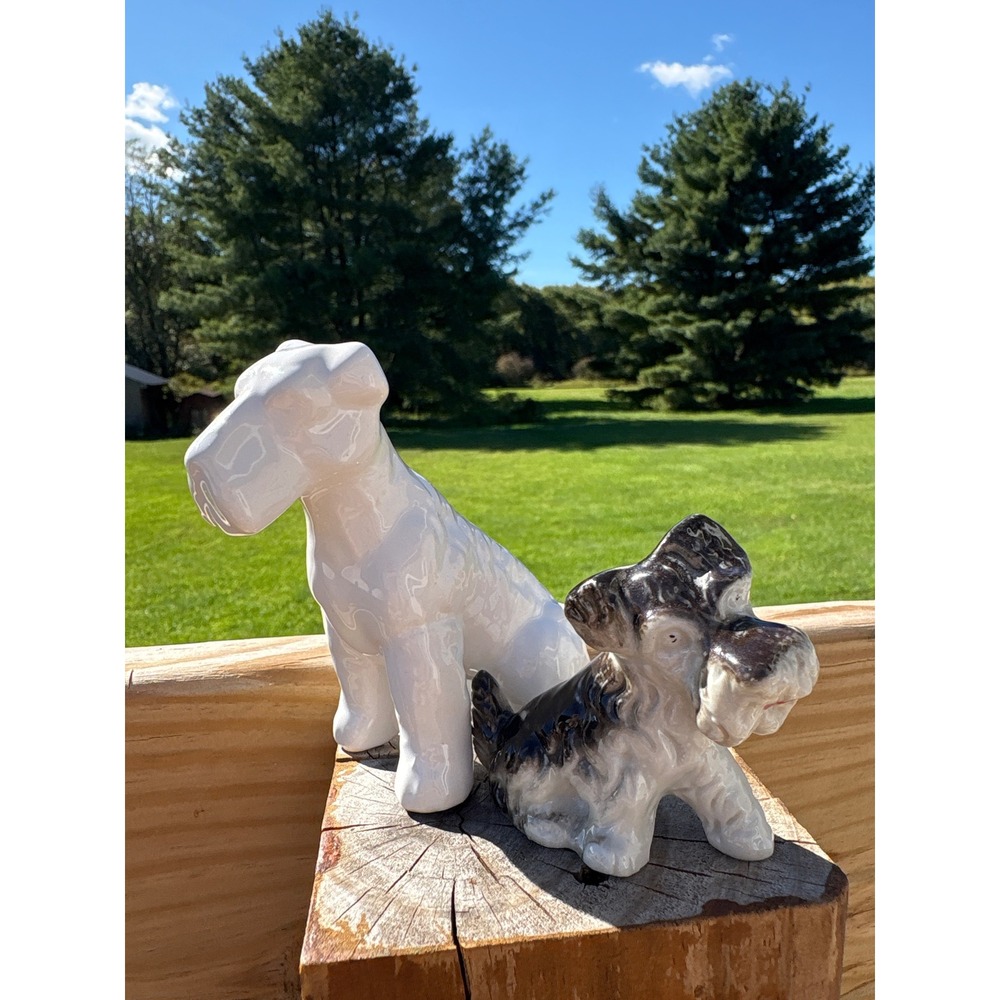 Vintage Ceramic Terrier Dog Figurine Set of 2 Schnauzer Scottie White Cute decor